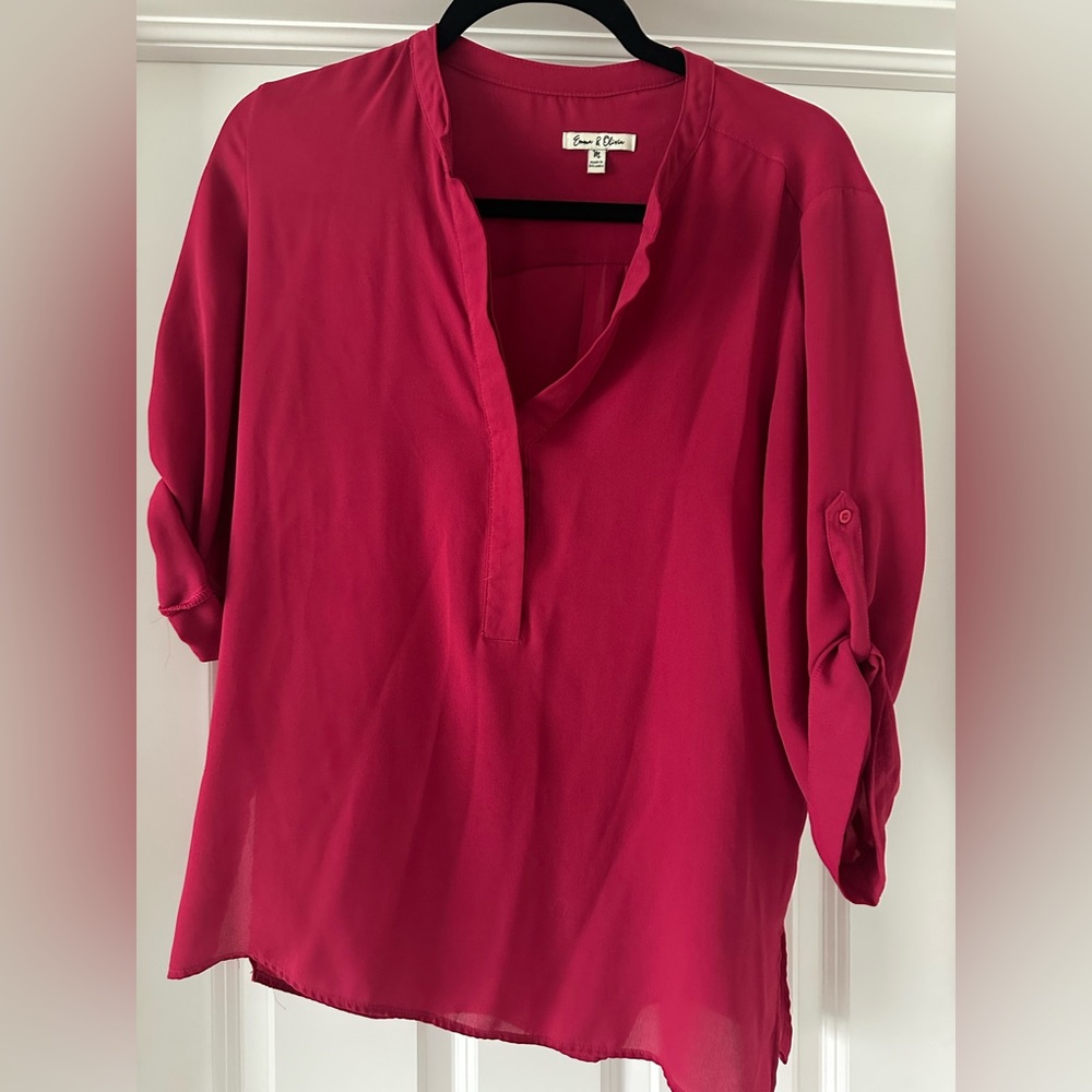 Pink Roll-Sleeve V-Neck Blouse